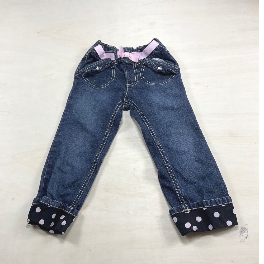 Gymboree Girls 3T Vintage Y2K Polka Dot Cuff Jeans Pink Bow Denim Pants 2009